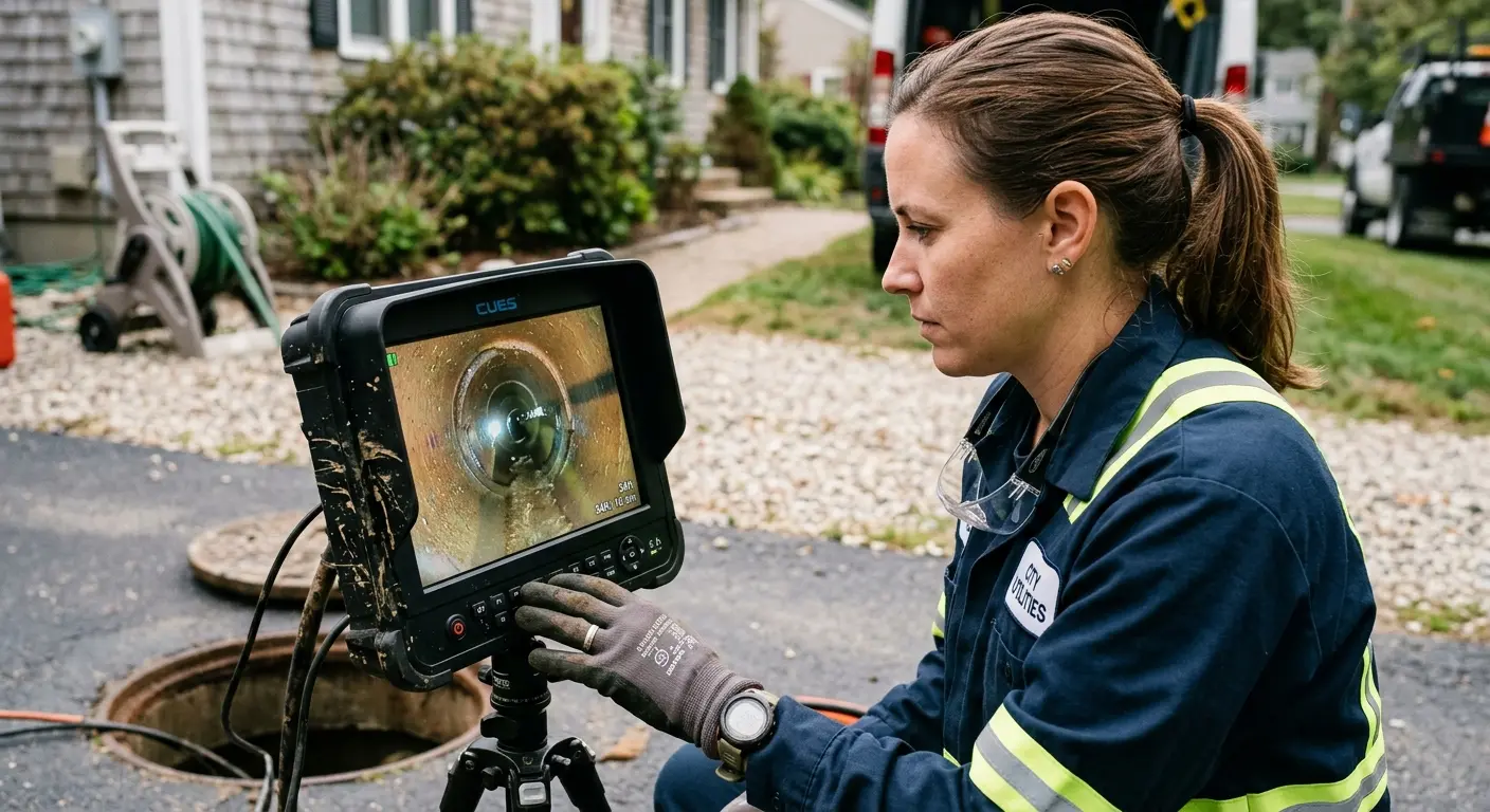 Technician reviewing sewer camera inspection footage in Cerritos