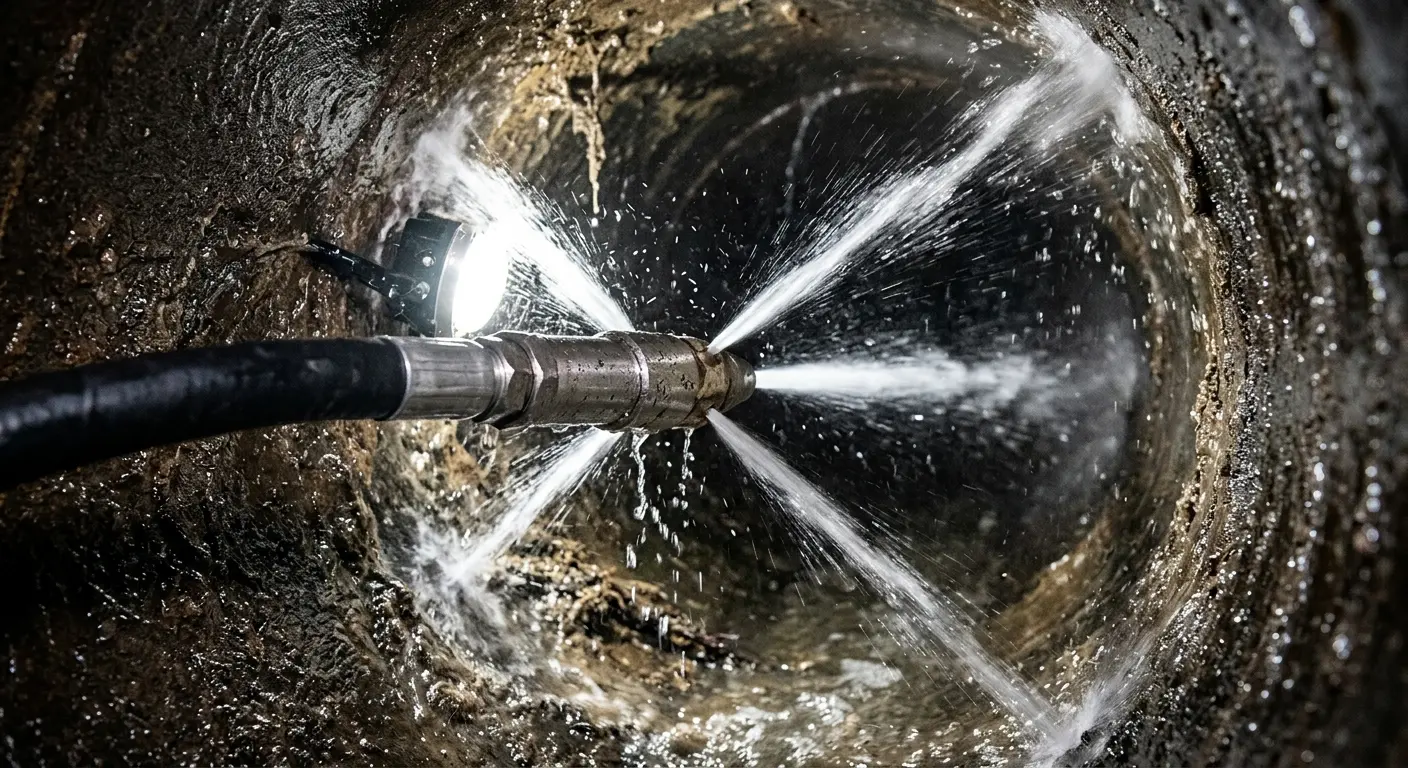 High-pressure hydro jetting nozzle cleaning sewer pipe for Sewer Cleanout in Cerritos