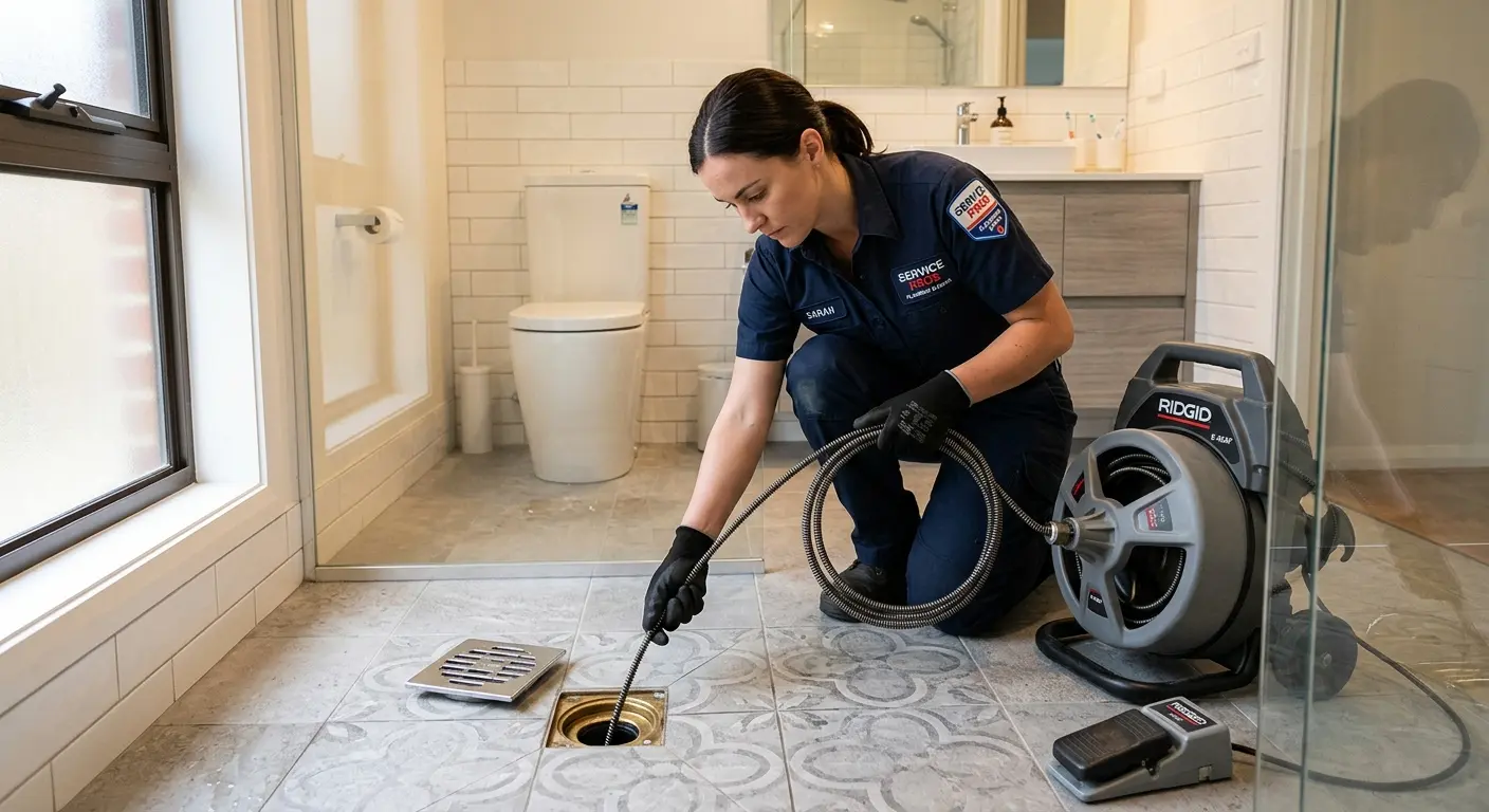 Technician clearing a bathroom floor drain for Drain Cleaning in Cerritos